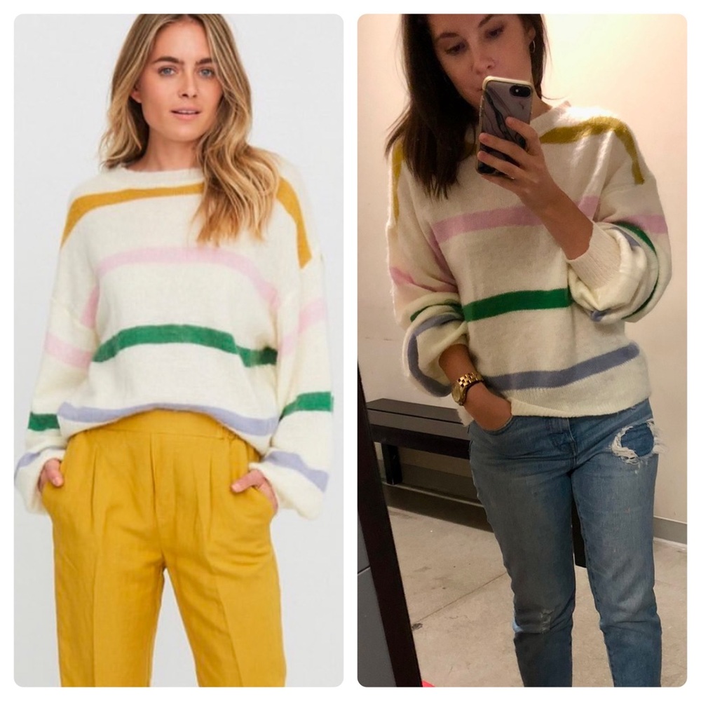 Little lies off-white pastel striped spring pullover balloon sleeve sweater